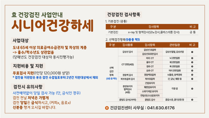 효건강검진 사업안내 시니어건강하세
사업대상 : 도내 65세이상 의료급여수급권자 및 차상위 계층> 홀수짝수년도 상관없음
(당해년도 건강검진 대상자 동시진행가능)
지원비용 및 지원 : 무료검사 지원(1인당 120,000원 상당)
*검진을 지원 받은 분은 검진 수검일로부터 2년간 지원대상에서 제외
검진시 유의사항 : 사전 예약 없이 당일 검사가능(단, 금식인 경우)
검진 전날 저녁은 가볍게 검진 당일은 금식하시고(커피x, 음료x) 신분증 챙겨 오시길 바랍니다.

건강검진 검사항목
1.기본검진(공통)
구분 : 기본검진 /  검사항목 : x-ray 및 혈액검사(당뇨검사, 콜레스테롤 검사) / 비고 : 공통
2.선택 검진 항목(9종 중 택1)
구분 : 선택 검진 항목(9종 중 택1)
/검사 종류 : 갑상선 검사, 검사 항목 : 갑상선 초음파, 갑상선 호르몬 검사, 관련질환 : 갑상선결절, 갑상선암
/검사 종류 : CT관련(4종), 검사 항목 : 머리 CT, 관련질환 : 뇌 관련질환 / 검사 항목 : 흉부 CT, 관련질환 : 폐 관련질환
/검사 항목 : 경추 CT, 관련질환 : 목 관련질환 / 검사 항목 : 요추 CT,  관련질환 : 허리 관련질환
/검사 종류 : 경동맥 검사, 검사 항목 : 경동맥 초음파, 관련질환 : 뇌졸중, 동맥경화
/검사 종류 : 복부초음파 검사, 검사 항목 : 복부초음파, 관련질환 : 간, 담낭 췌장 등
/검사 종류 : 종양표지자 혈액검사(4종), 검사 항목 :간암 표지자, 관련질환 : 각종 암 / 검사 항목 : 췌장암 표지자, 관련질환 : 각종 암
/검사 항목 : 소화기계암 표지자, 관련질환 : 각종 암 / 검사 항목 : 전립선(난소)암 표지자,  관련질환 : 각종 암
/검사 종류 : 골밀도 검사(2부위), 검사 항목 : 골감소증, 골다공증 등
건강검진센터 사무실 : 041.630.6176